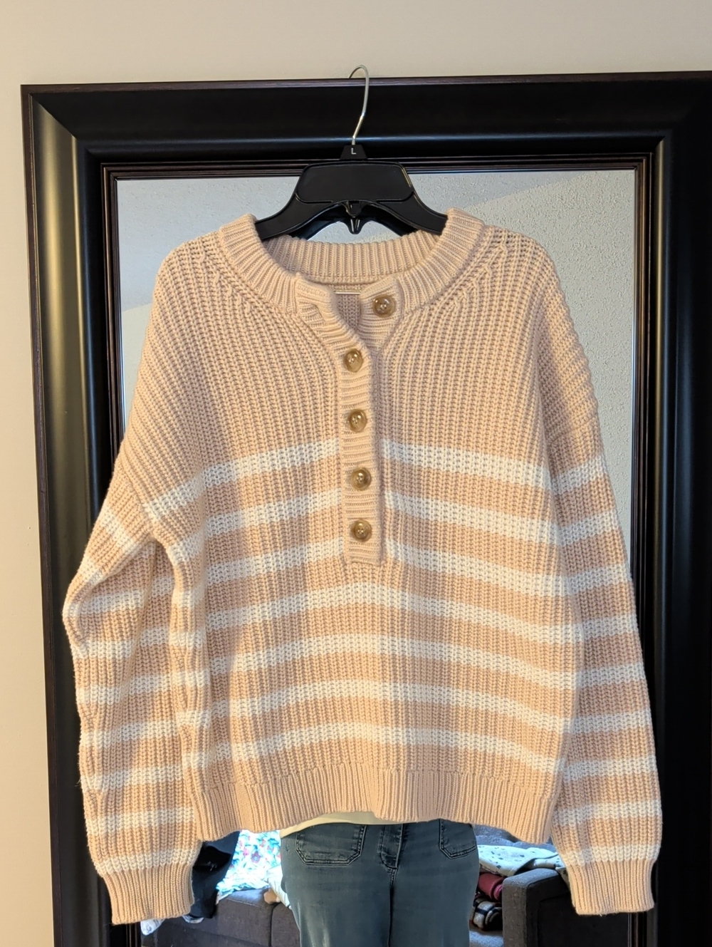 Elie Tahari Cotton Blendl Cream & White Striped Button Henley Sweater
